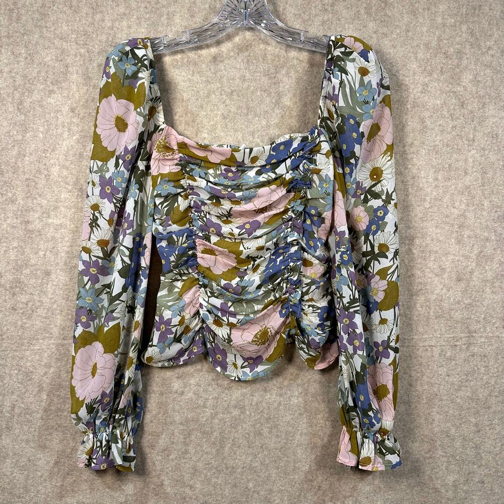 ASTR The Label - Tonina Top Retro Floral Ruched Square Neck Blouse (Small)
